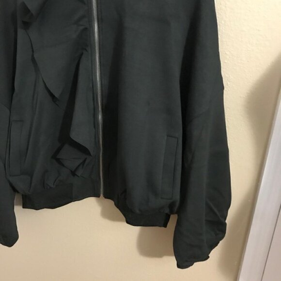 FEW MODA Bomber JACKET Ruffle Olive Green New with tags size Large #104 - Picture 5 of 13
